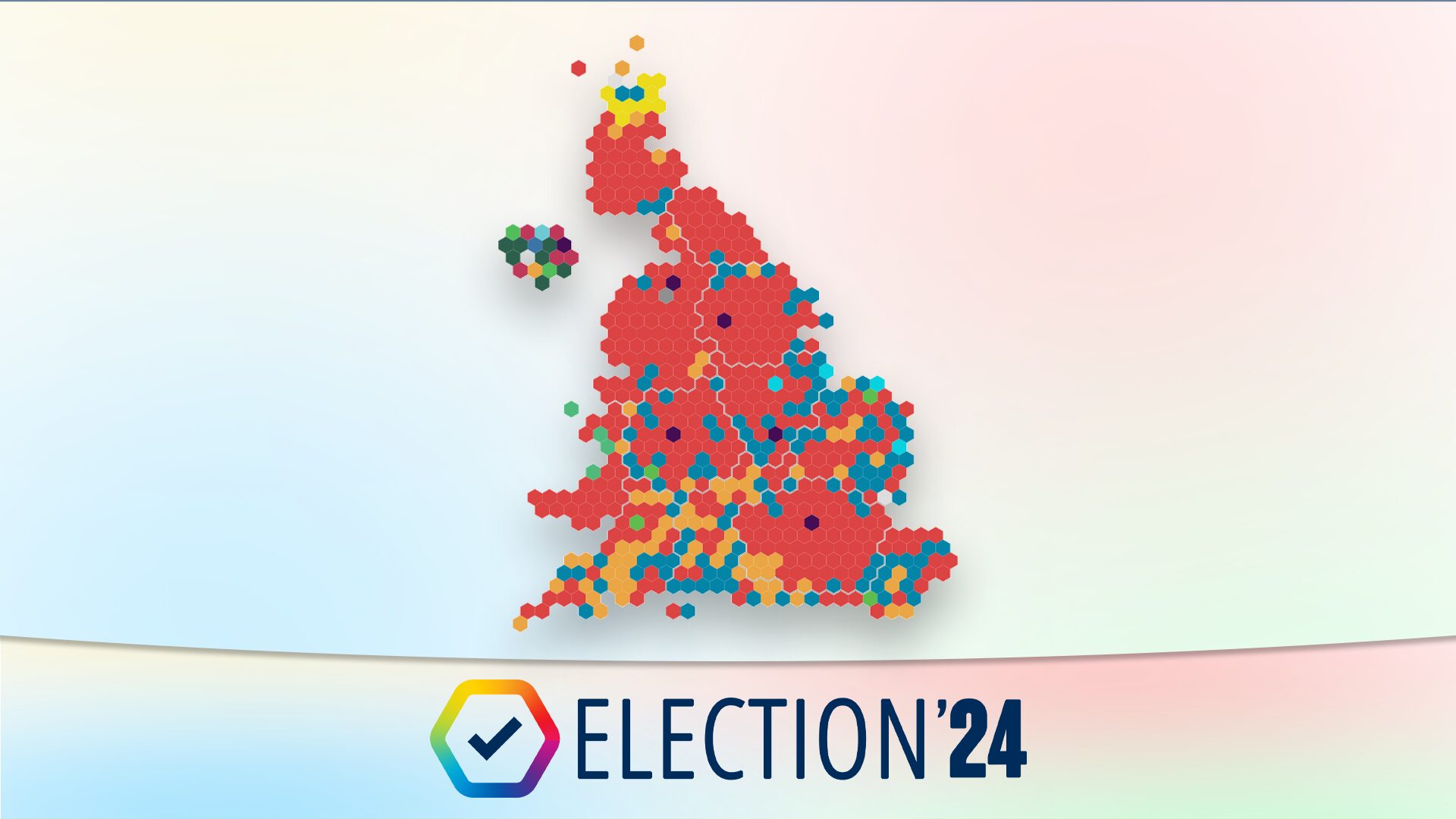 Election 24 hex map showing Labour landslide (2/650 seats left to declare)
